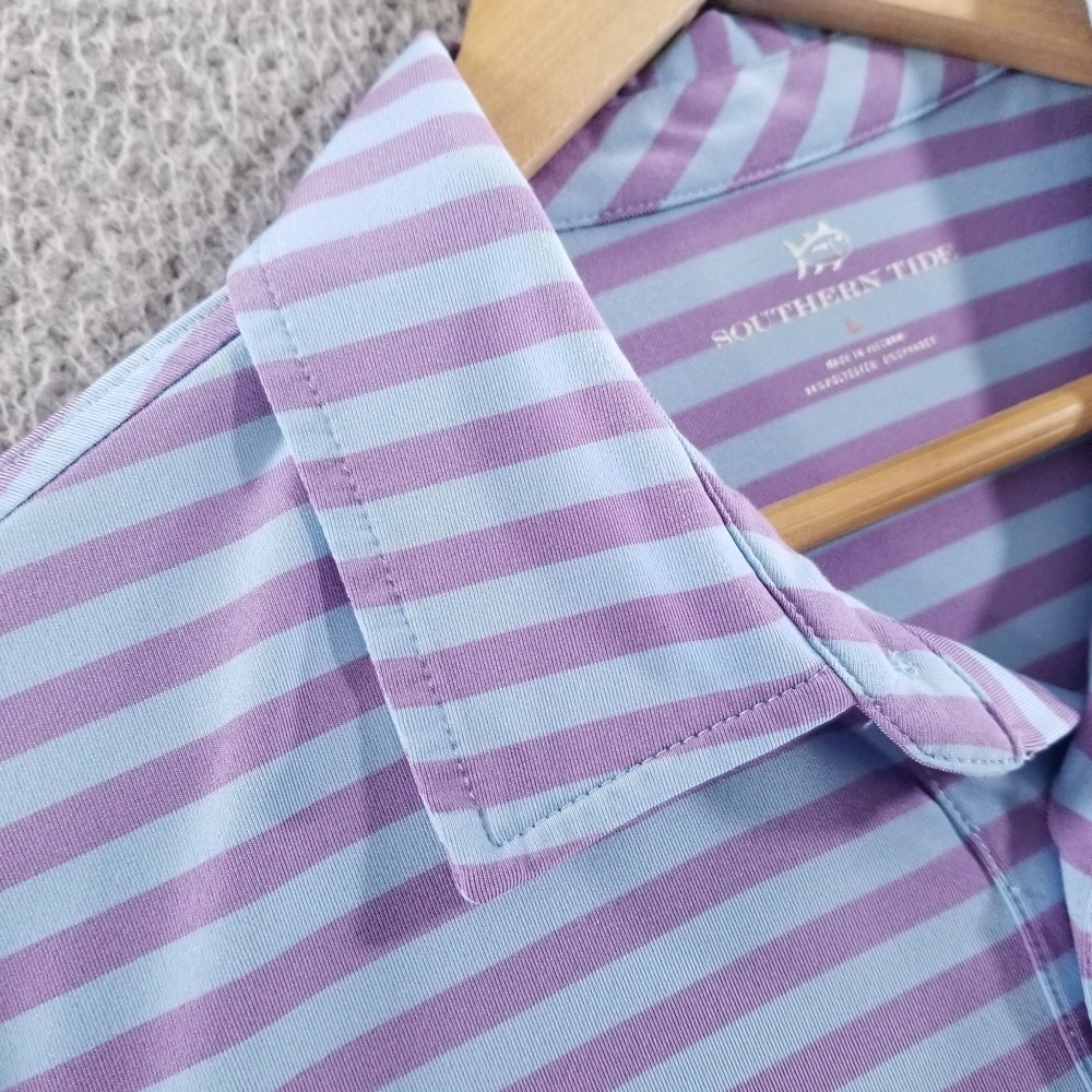 Southern Tide Polo Shirt Mens Large Blue Purple Striped Performance Golf Stretch